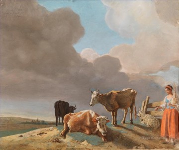 tamizando el pasado paisaje con vacas ovejas y pastora Pinturas al óleo